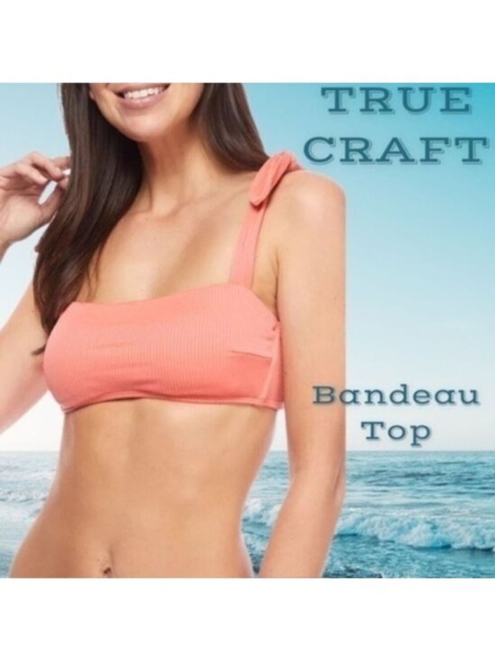 TRUE CRAFT Ribbed Shoulder-Tie-Strap Shelf Bra Bandeau Swim Top-Coral/XL NWT